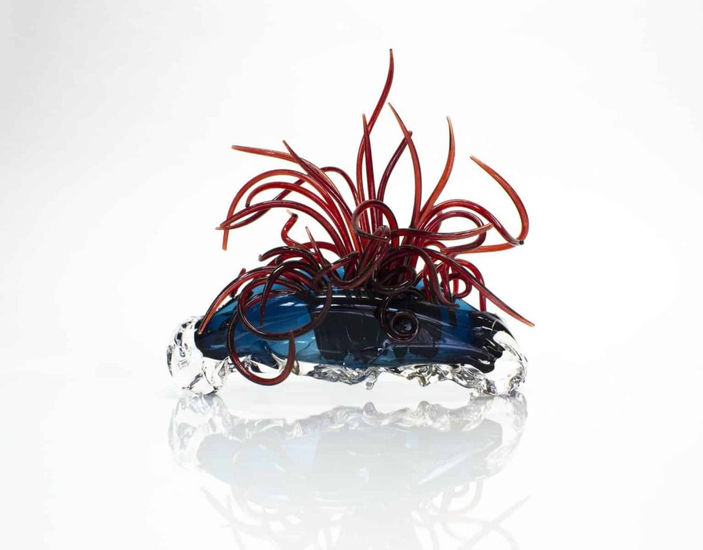 Red Tendrils in Blue Iris Glass Sculpture By April Wagner