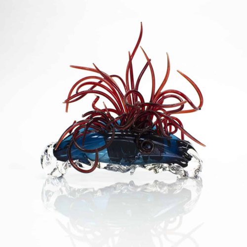 Red Tendrils in Blue Iris Glass Sculpture By April Wagner