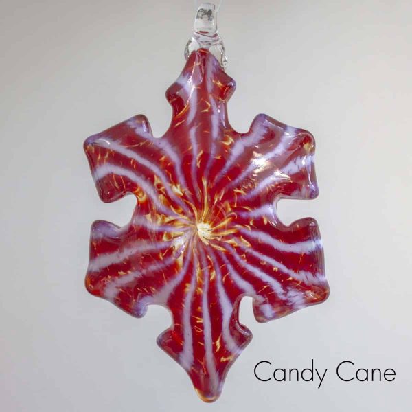 Handblown glass candy cane snowflake ornament