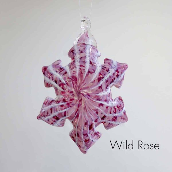 Handblown glass wild rose pink snowflake ornament