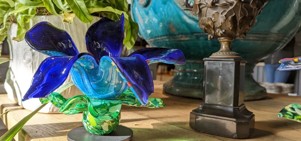April Wagner botanical mouth blown glass flower in blue
