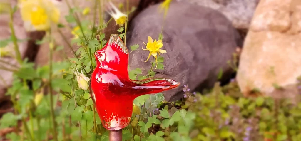 Glass Garden Art Header with Birds of Beauty Cardinal for the Garden