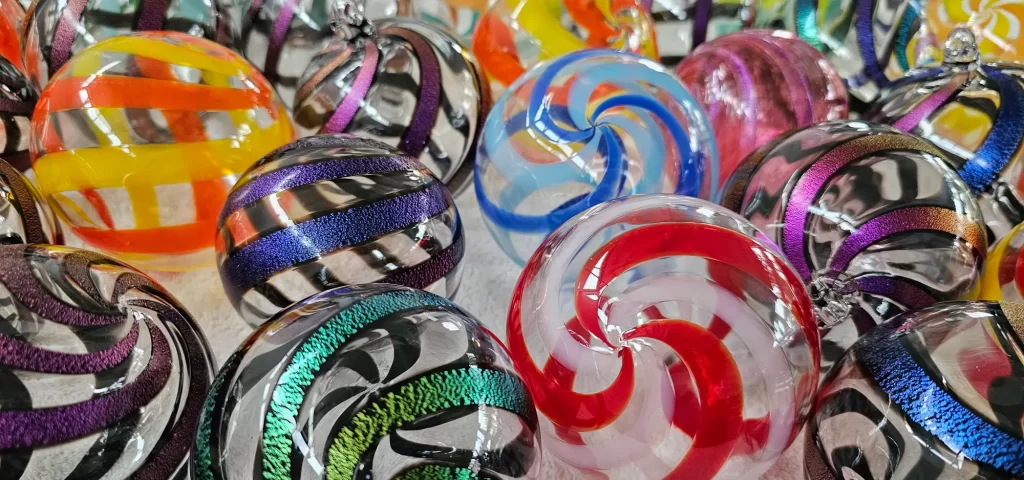 multicolor blown glass ornaments from epiphany studios