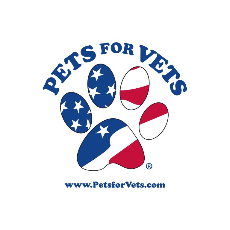 Pets for Vets logo with enlarged paw print and american flag inside